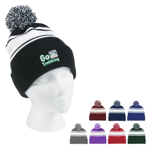 Two-Tone Knit Pom Beanie with Cuff