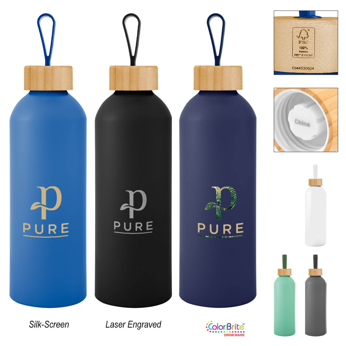 25 Oz. Blaire Recycled Aluminum Bottle With Bamboo Lid And Carry Handle