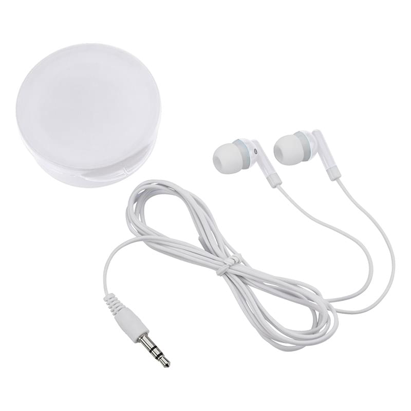 Handy Earbuds in a Round Plastic Case
