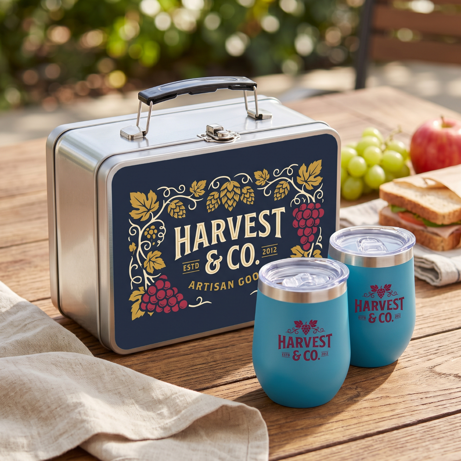 Tin Lunch Box & Wine Glass Set