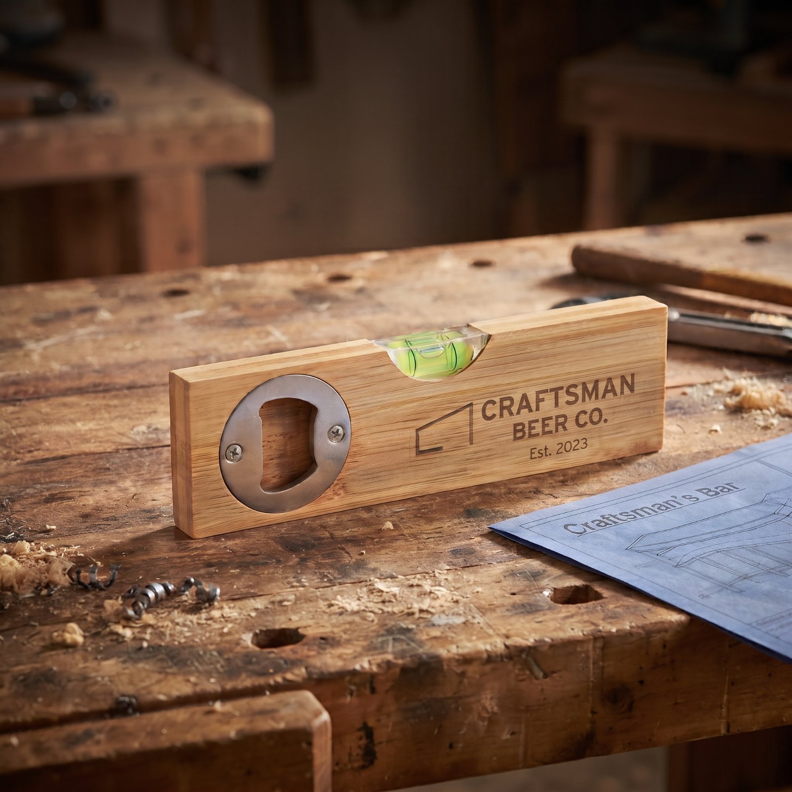 Bamboo Bottle Opener & Level