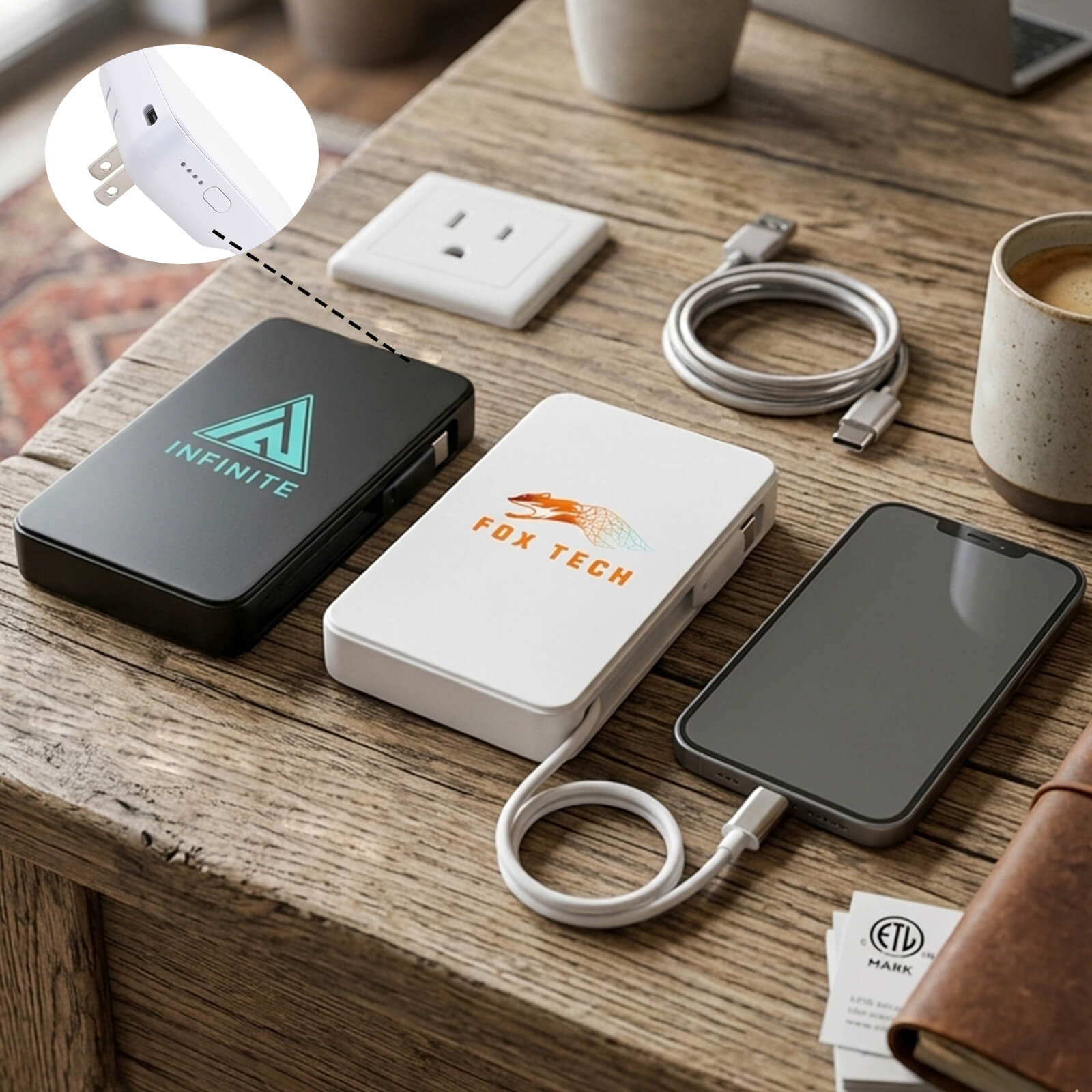 5000 mAh ETL LIsted, with AC Plug and Built-In Type-C Cable