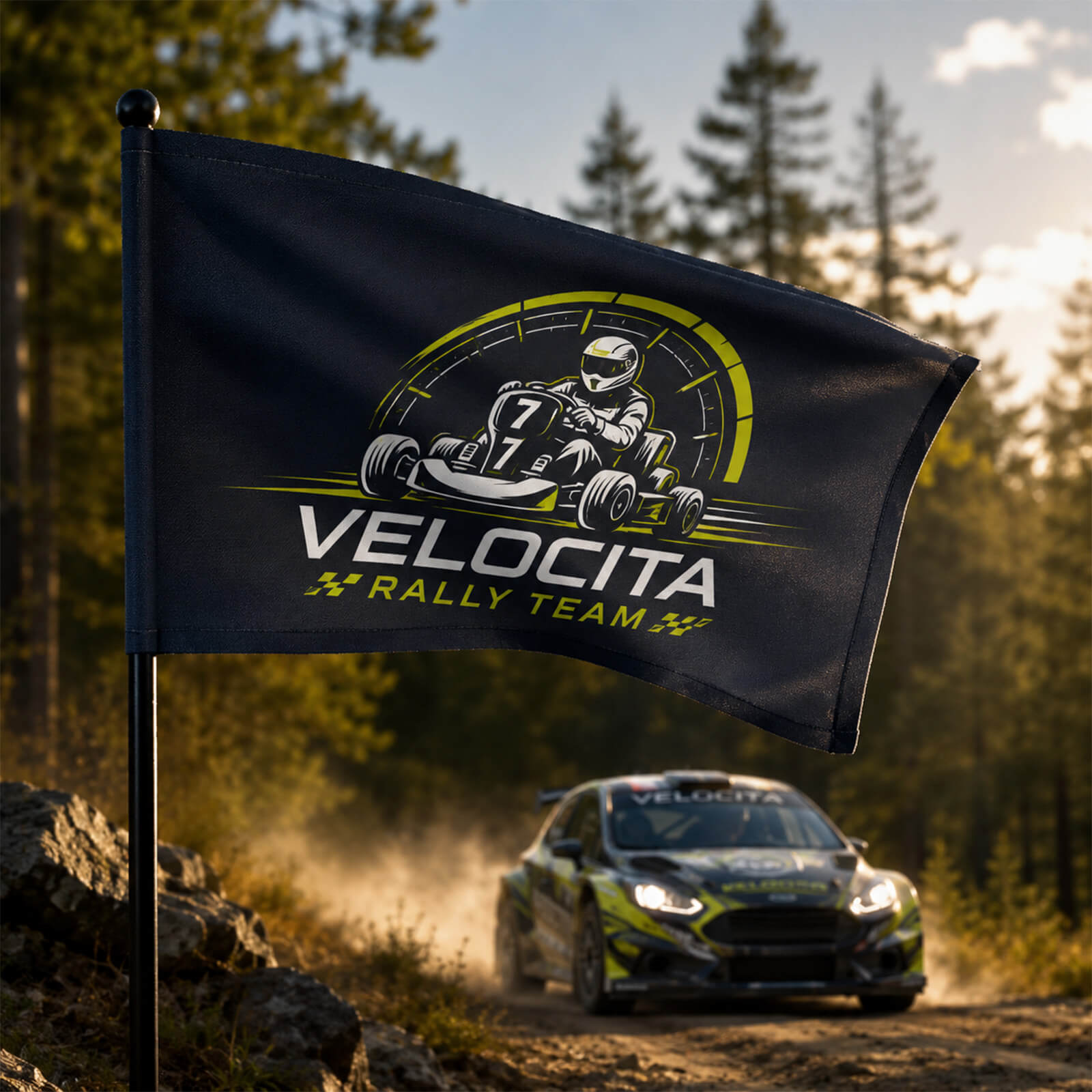 Waving Rally Flag 15" X 9" With 16" Pole