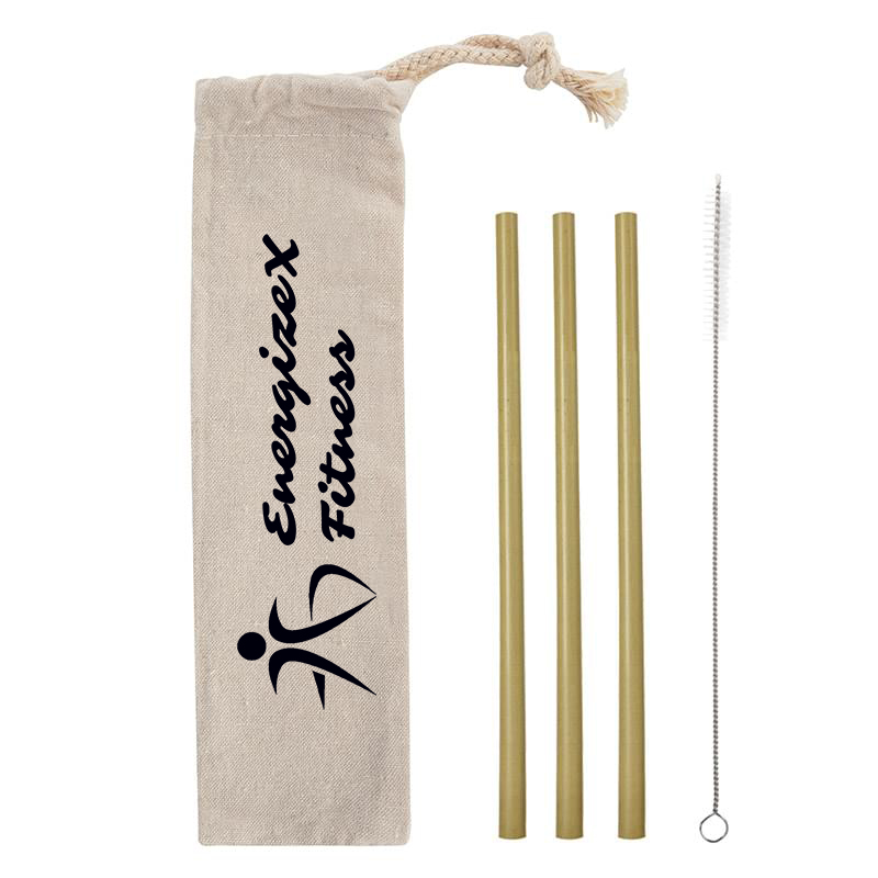 3 Pack Bamboo Straw Kit In Cotton Pouch