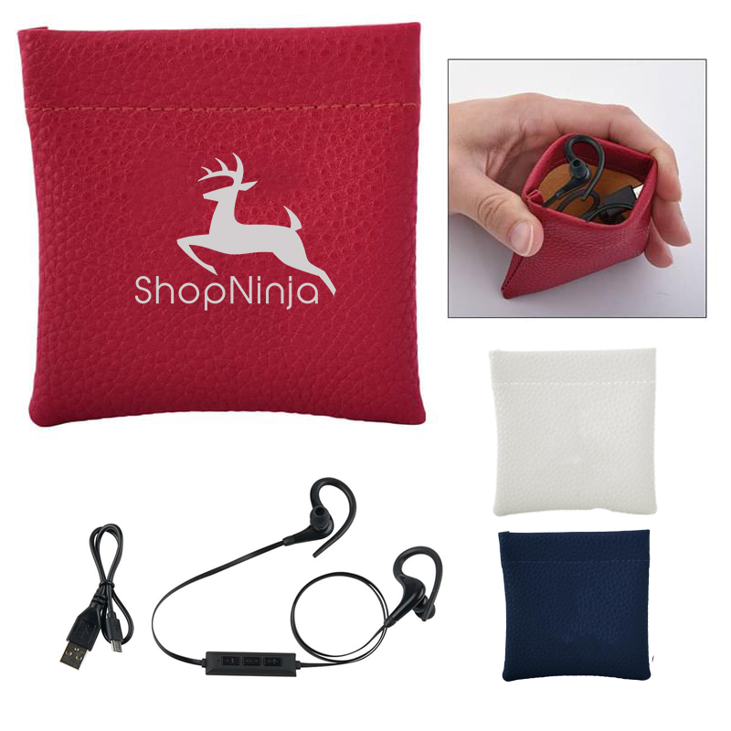 Leatherette Squeeze Tech Pouch With Wireless Earbuds