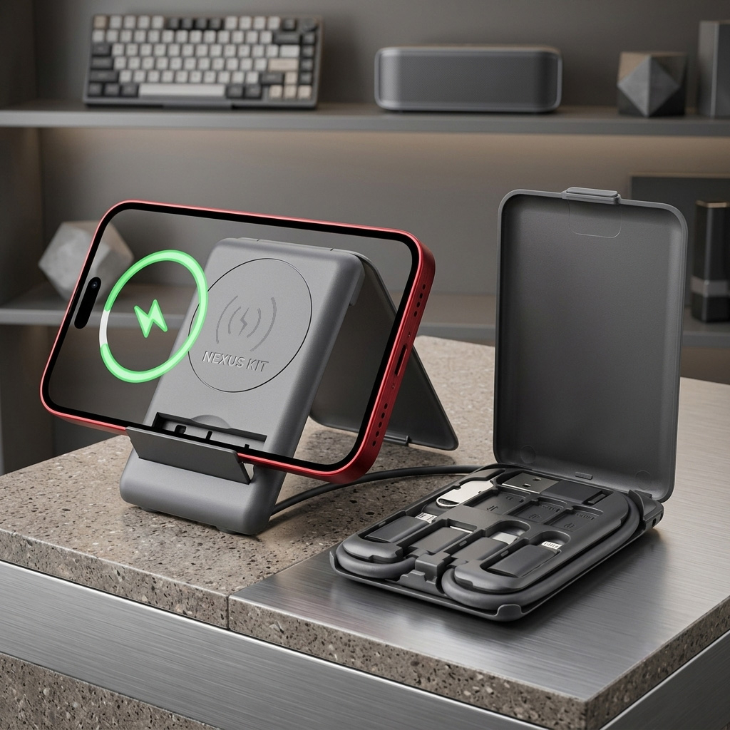 Chi-Charge Cable Card - collapsible wireless charging stand and charging cable carrier