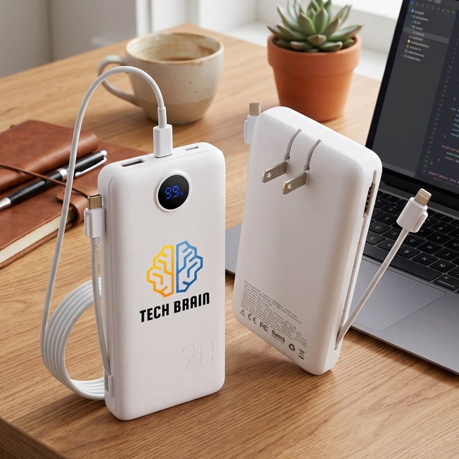 Charge All 20K Power Bank with Integrated Charging Cables and AC Plug