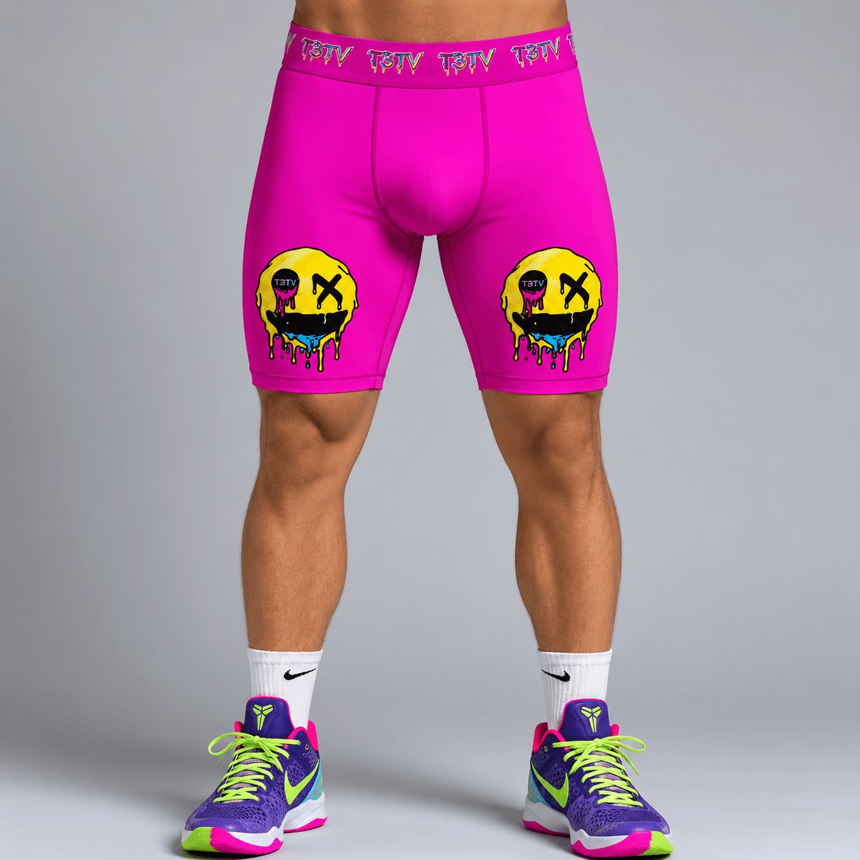 T3TV Smiley Compression Shorts in hot pink