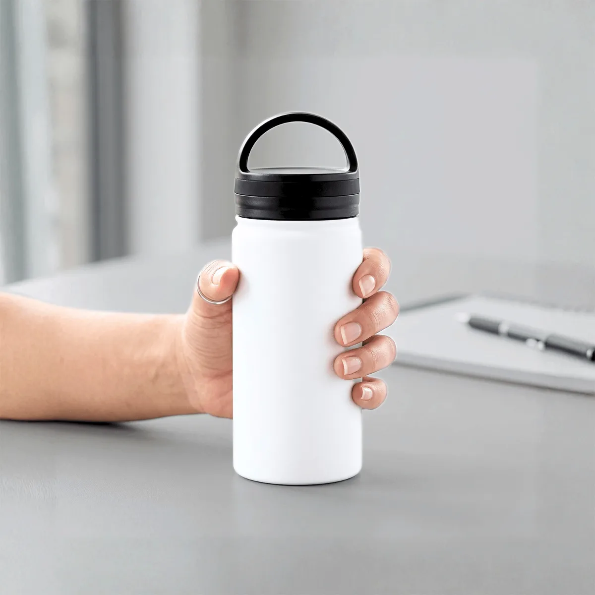 Stainless Steel Water Bottle, Handle Lid Front
