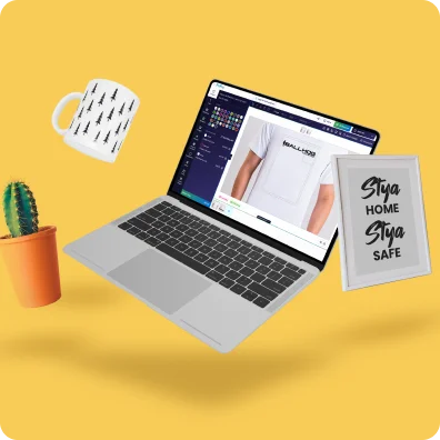 Laptop showing custom shirt design software.