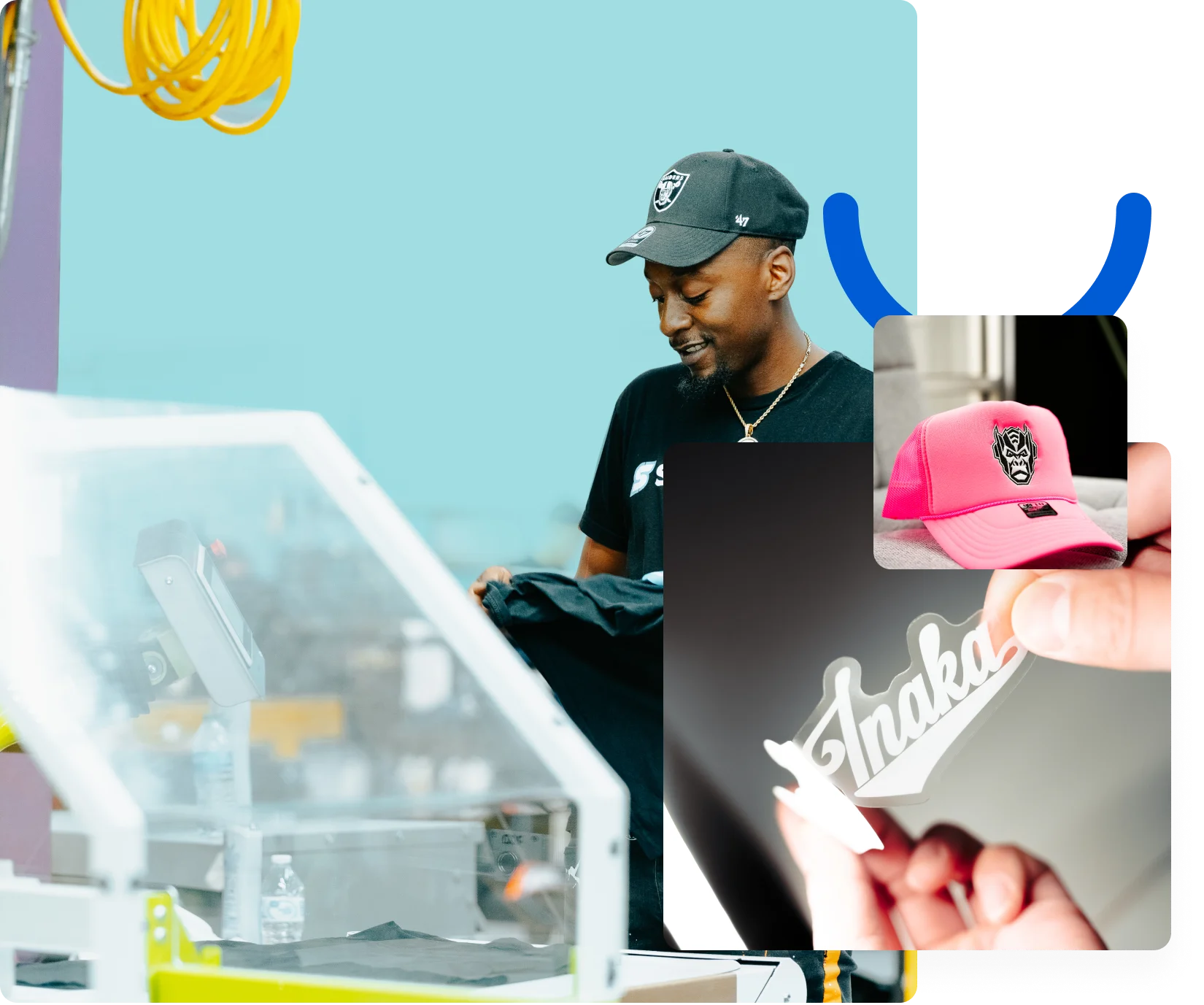 Man inspecting custom apparel in a print-on-demand facility.