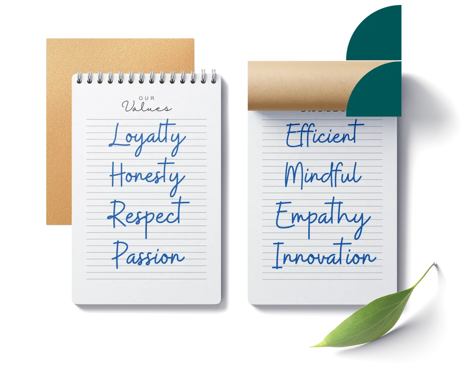 Notepad displaying Swagify brand values including loyalty, honesty, respect, passion, empathy, and innovation.
