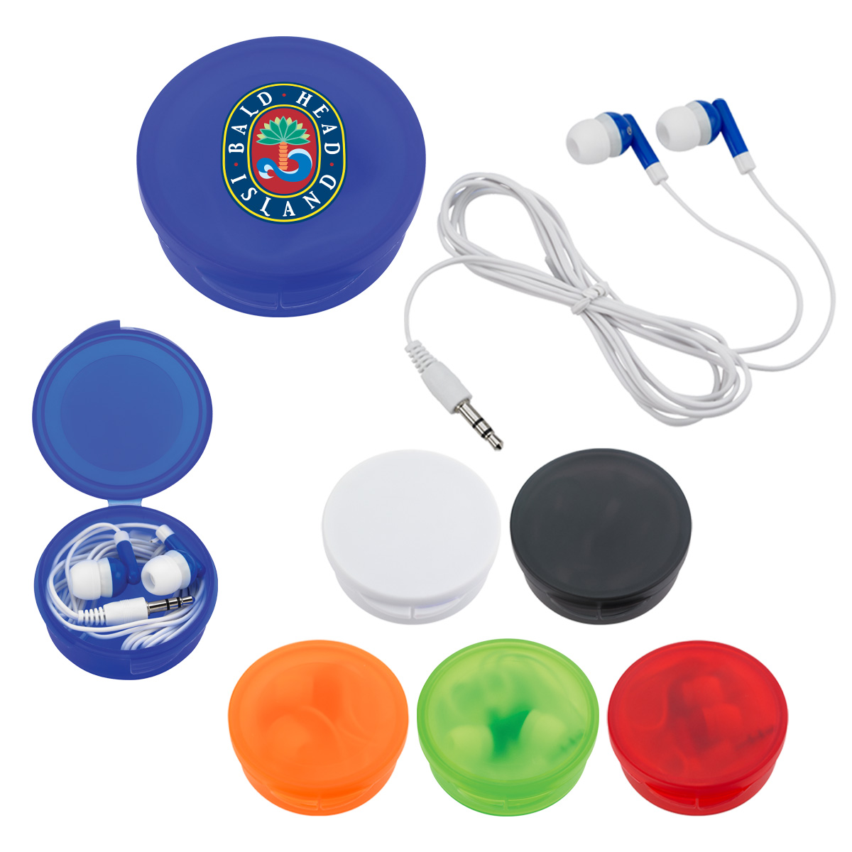 Earbuds in Round Plastic Case
