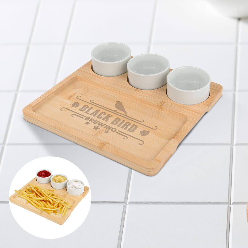 Bamboo Serving Tray With Ceramic Bowls